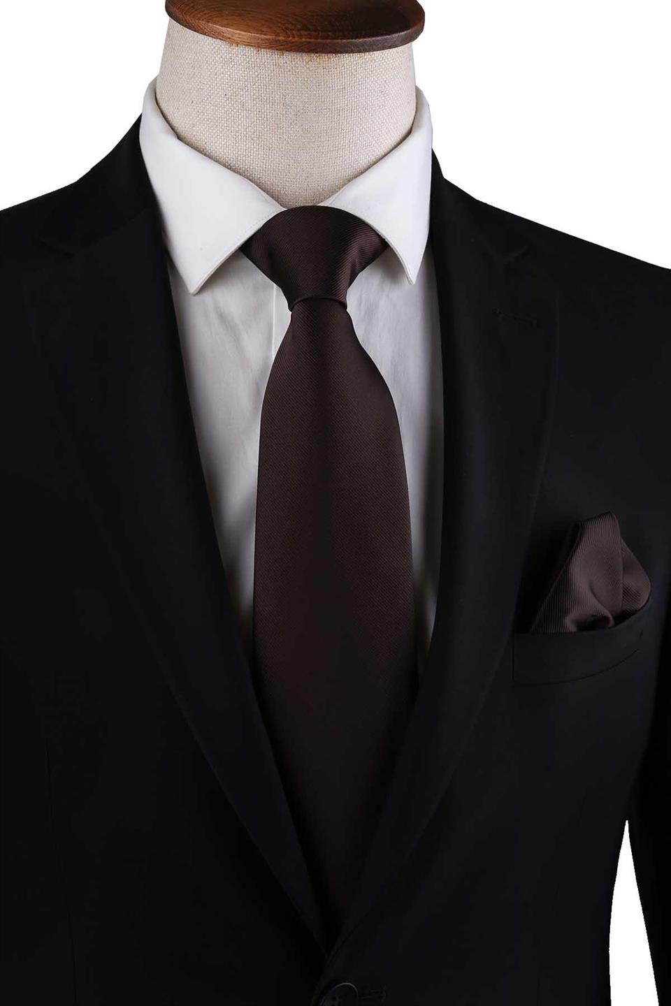 Kahverengi Reps Dokulu Düz Mendilli Klasik Kravat KK13177