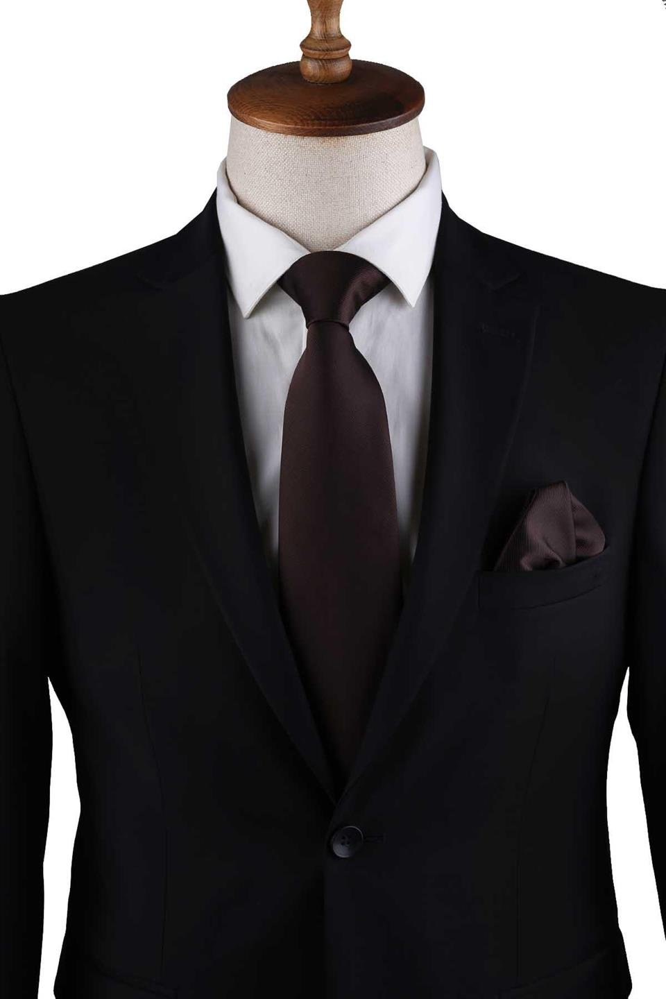 Kahverengi Reps Dokulu Düz Mendilli Klasik Kravat KK13177