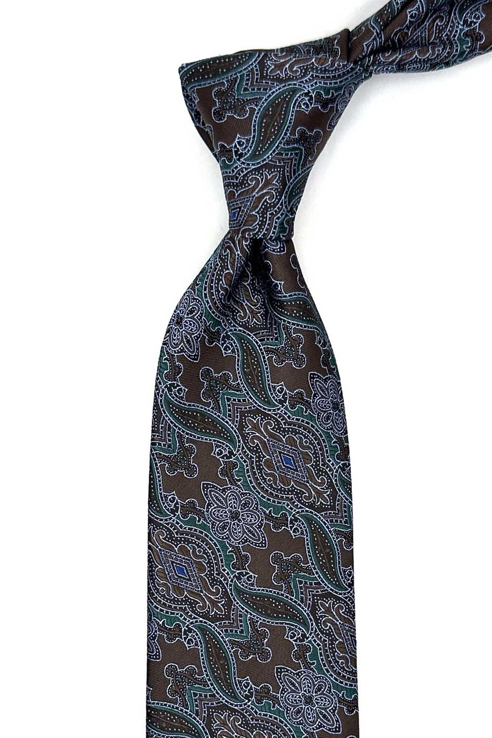 Kahverengi Şal Desen Mendilli Klasik Kravat KK12863