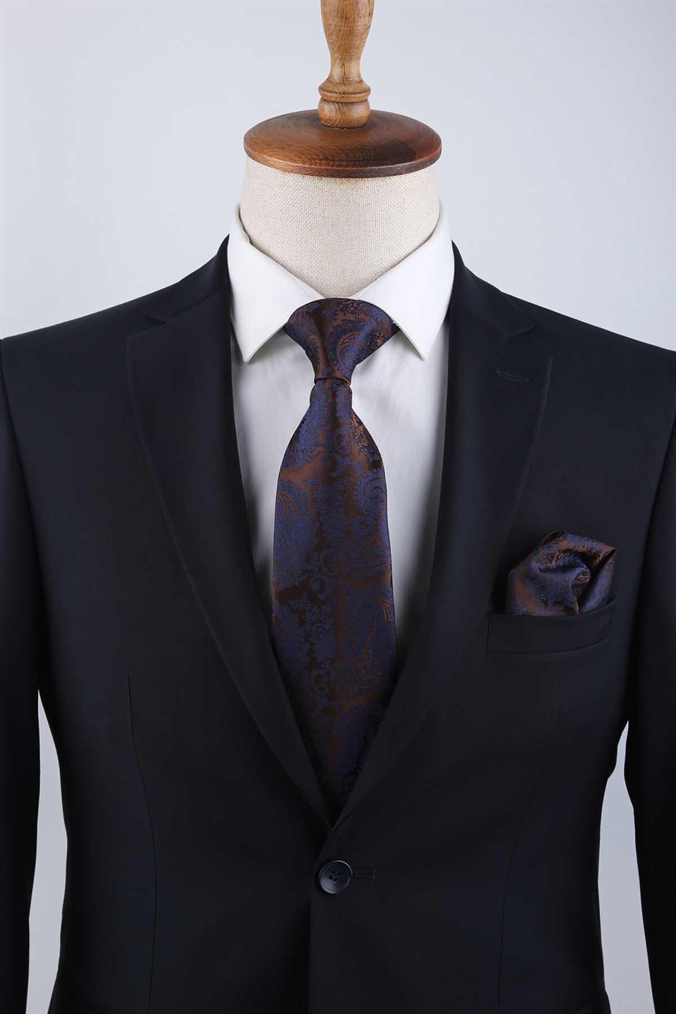 Kahverengi Şal Desen Mendilli Klasik Kravat KK13121