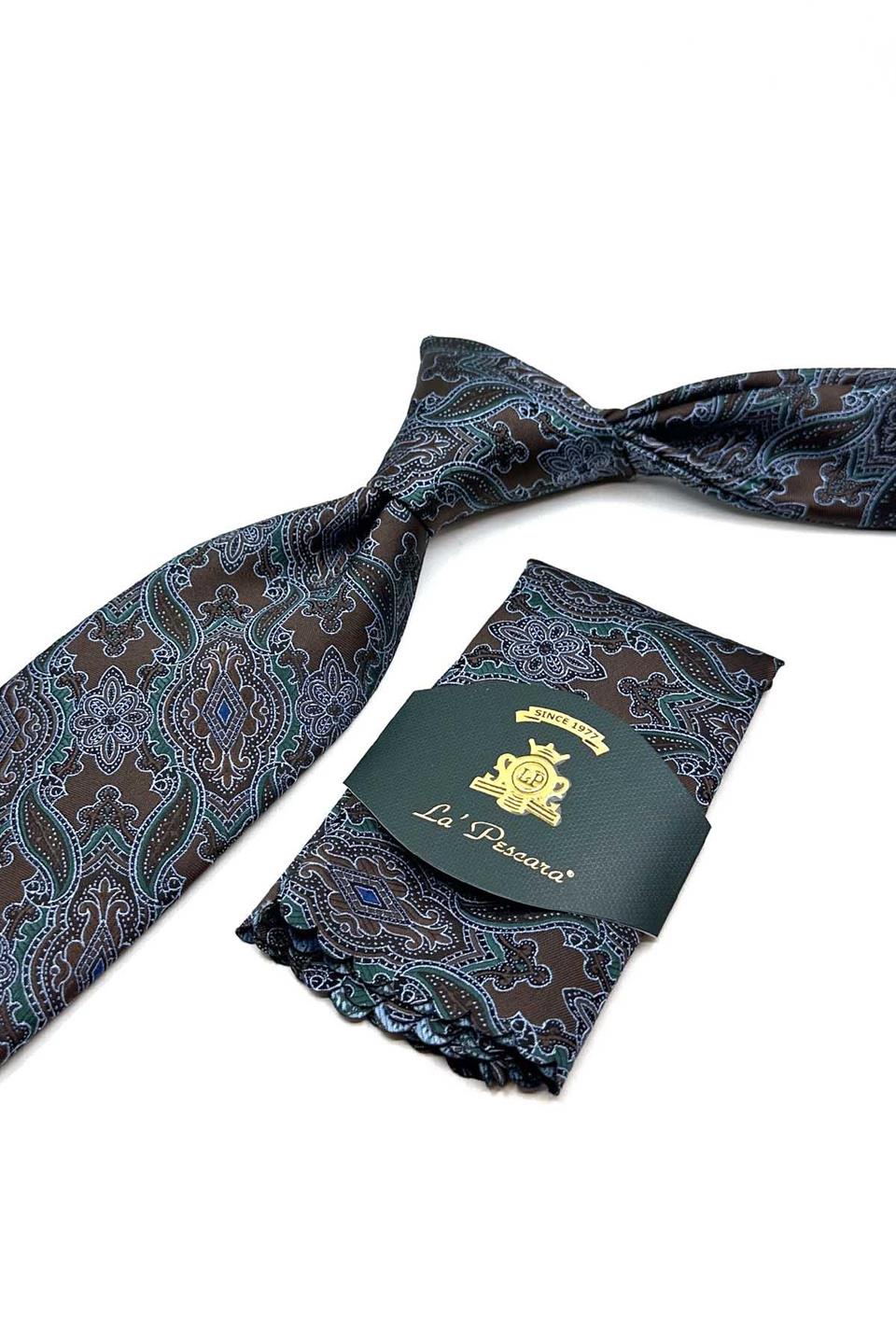 Kahverengi Şal Desen Mendilli Klasik Kravat KK12863
