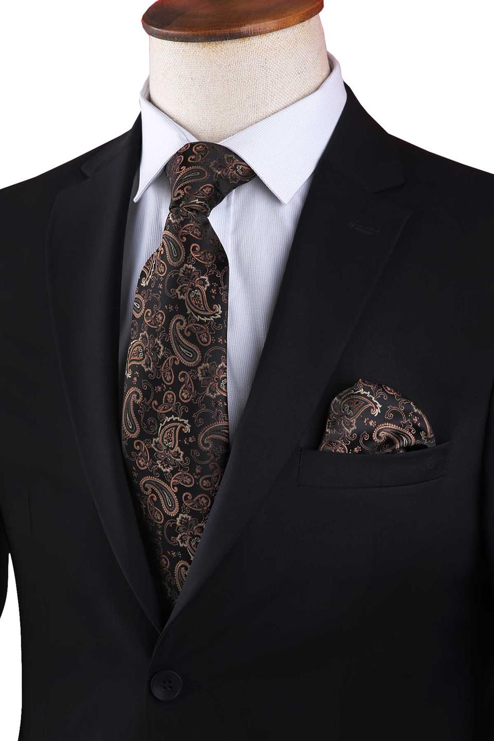 Kahverengi Şal Desen Mendilli Klasik Kravat KK13121