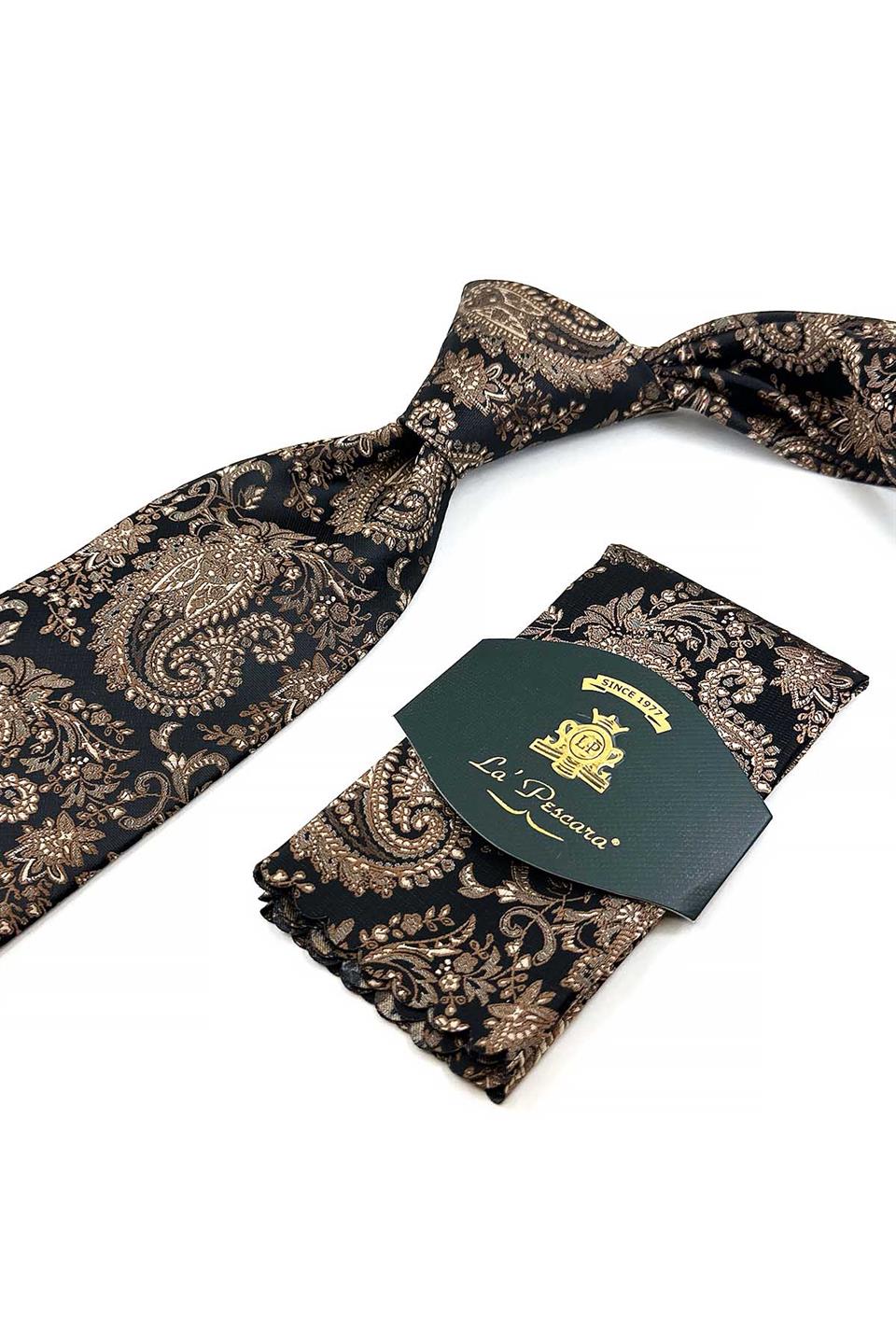 Kahverengi Şal Desen Mendilli Klasik Kravat KK13121