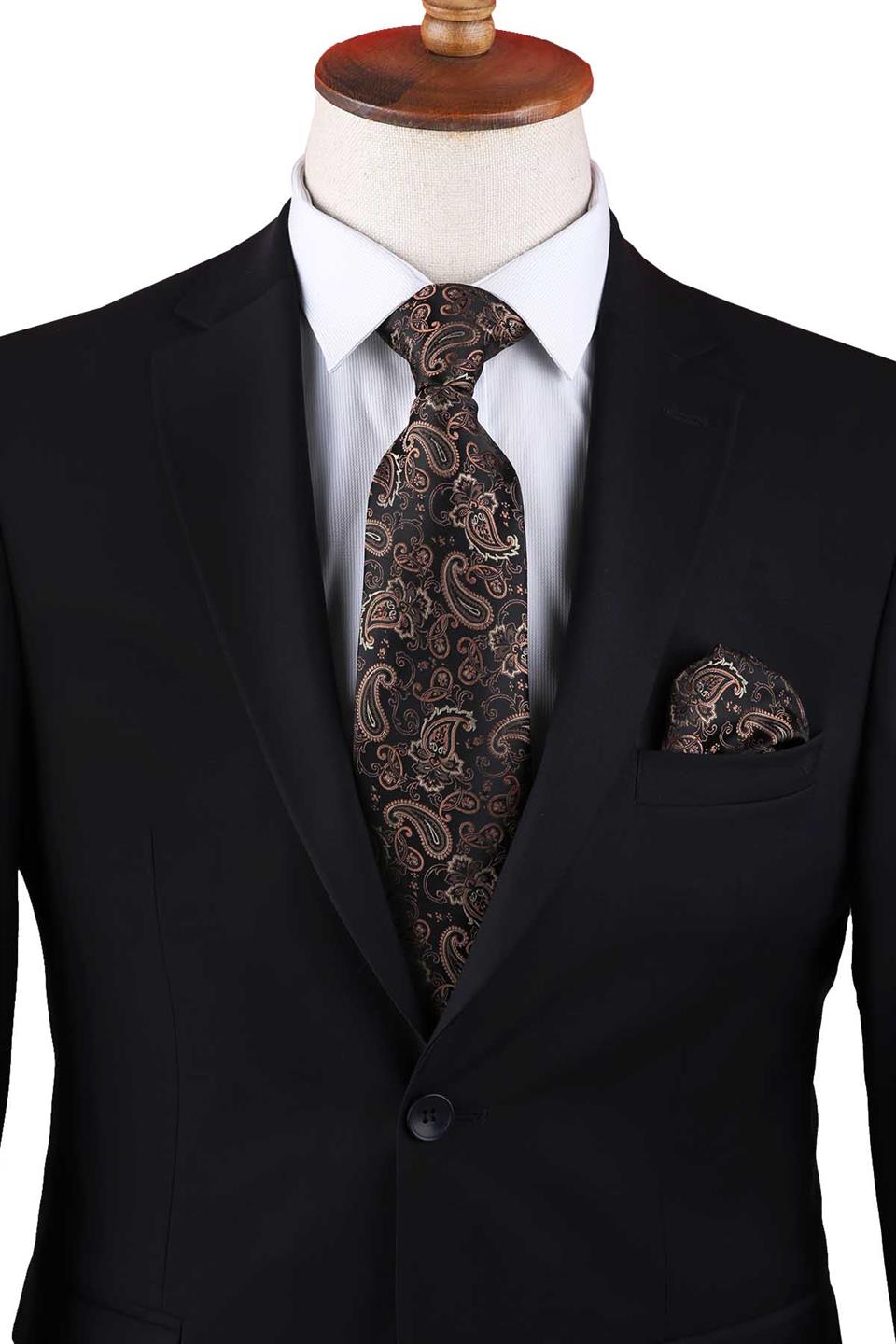 Kahverengi Şal Desen Mendilli Klasik Kravat KK13121