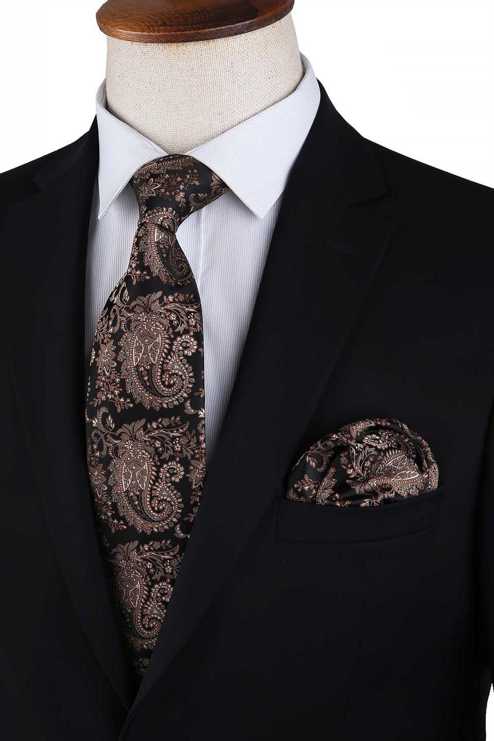 Kahverengi Şal Desen Mendilli Klasik Kravat KK13121