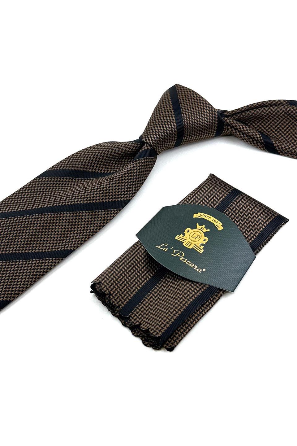 Kahverengi - Siyah Çizgi Desen Mendilli Klasik Kravat KK12041