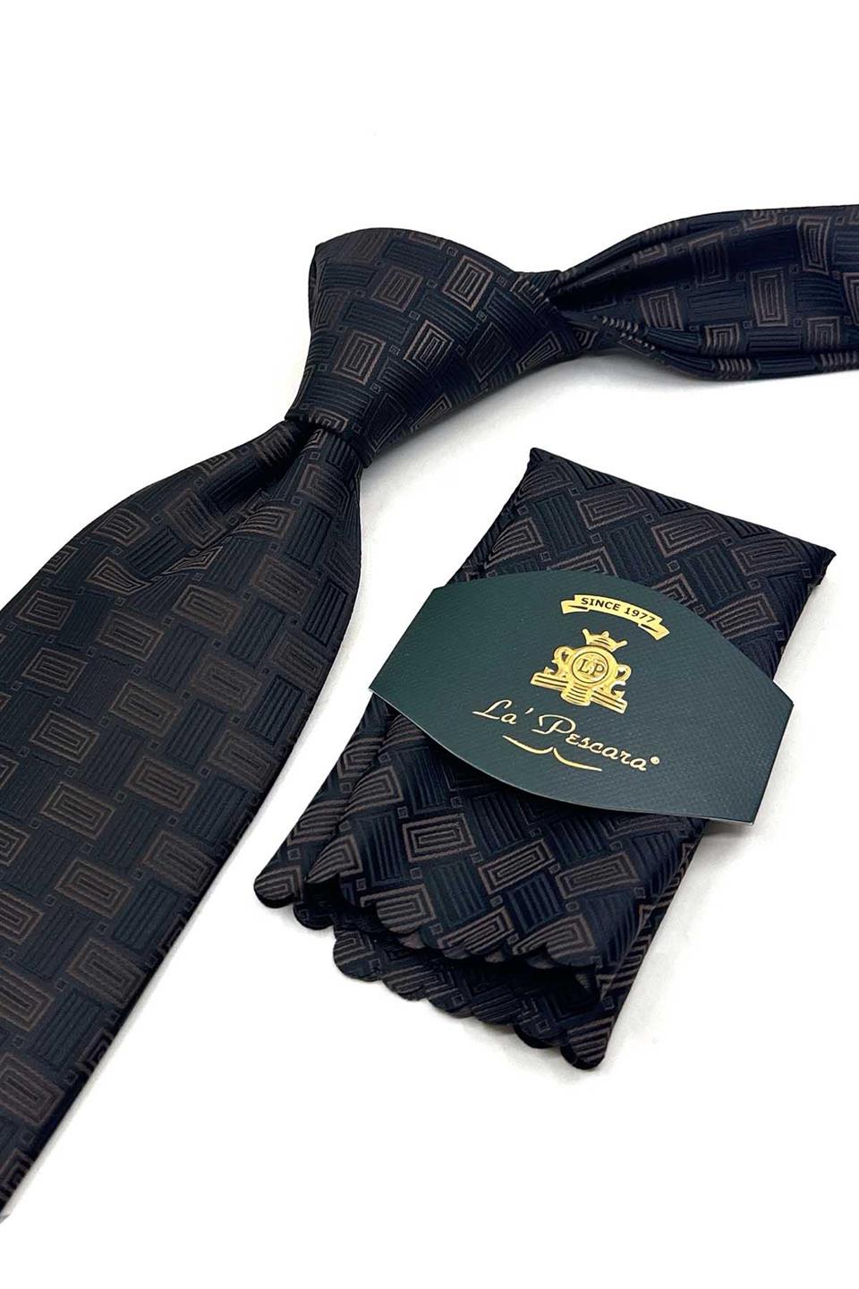 Kahverengi - Siyah Motif Desen Mendilli Klasik Kravat KK13645