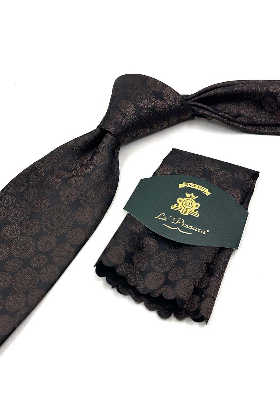 Kahverengi - Siyah Motif Desen Mendilli Klasik Kravat KK13691