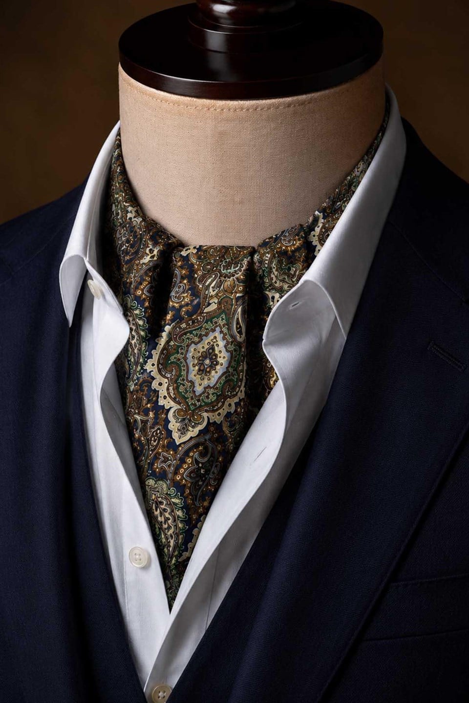 Kahverengi Yeşil Şal Desen İtalyan İpek Ascot Kravat SAC94