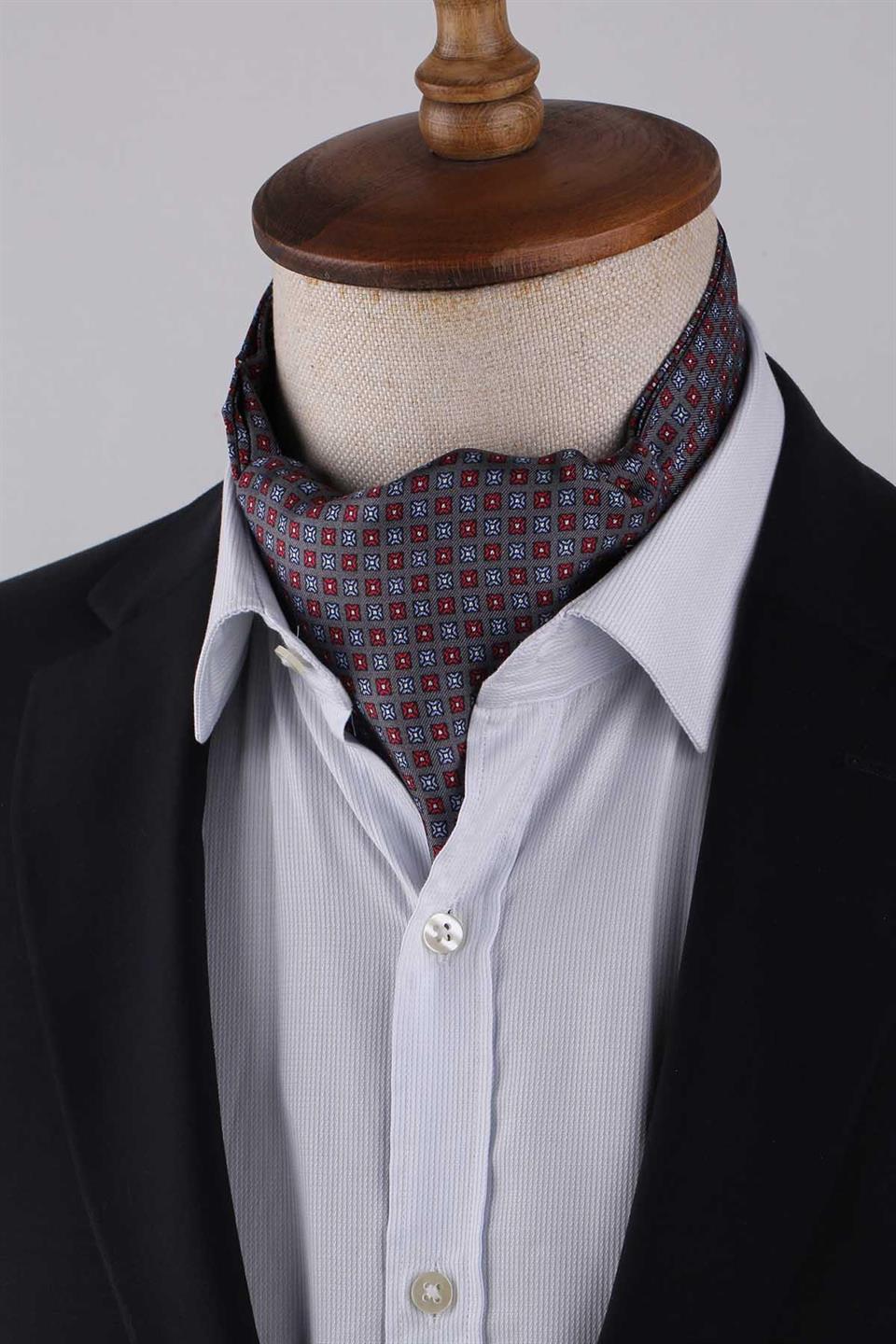 Kare Desen Füme İtalyan İpek Ascot Kravat SAC30