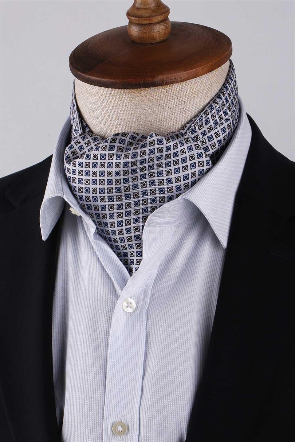 Kare Desen Gri İtalyan İpek Ascot Kravat SAC28