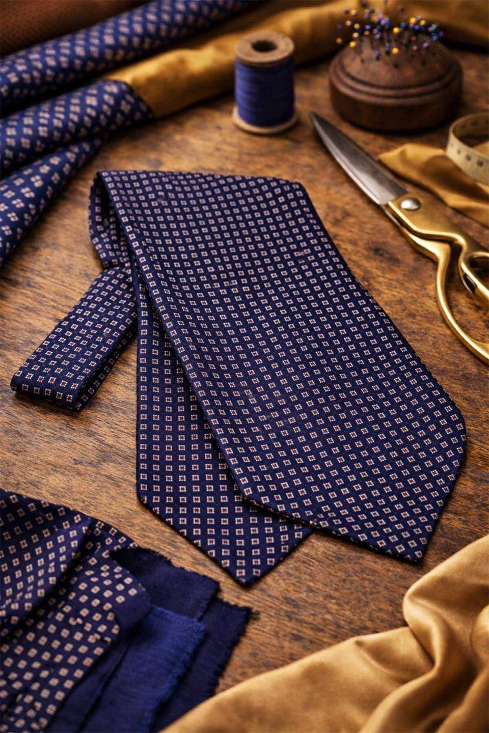 Kare Desen Lacivert İtalyan İpek Ascot Kravat SAC65
