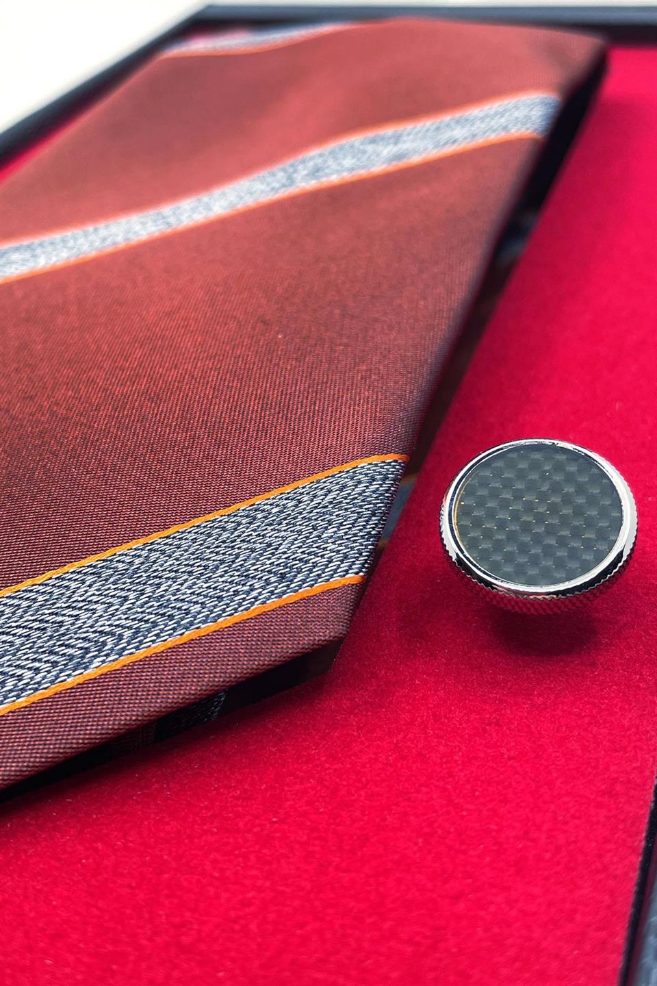 Kiremit İtalyan İpek Kravat Çelik Kol Düğmesi Erkek Hediye Seti SKS42