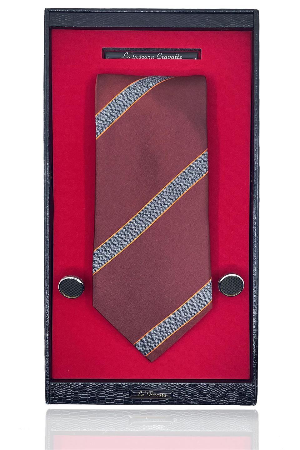 Kiremit İtalyan İpek Kravat Çelik Kol Düğmesi Erkek Hediye Seti SKS42