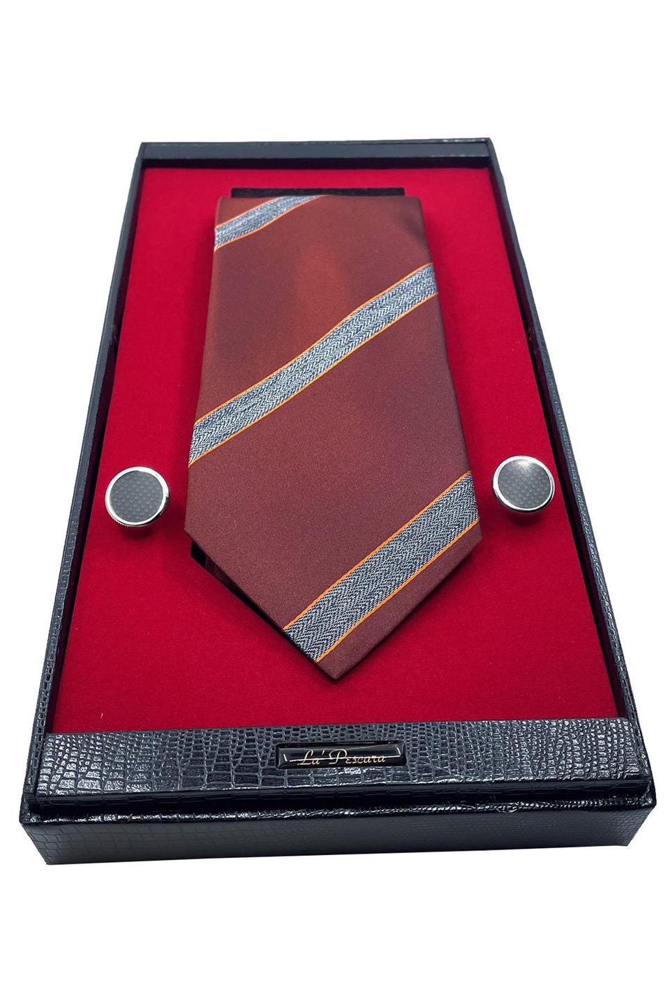 Kiremit İtalyan İpek Kravat Çelik Kol Düğmesi Erkek Hediye Seti SKS42
