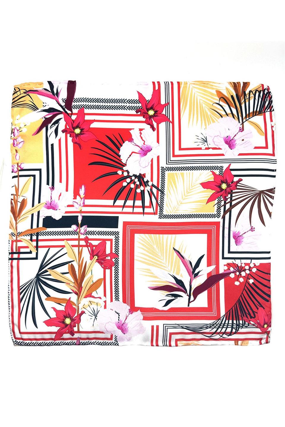 Kırmızı - Beyaz Kare Çiçek Desen Erkek Cep Mendili SPS557-45