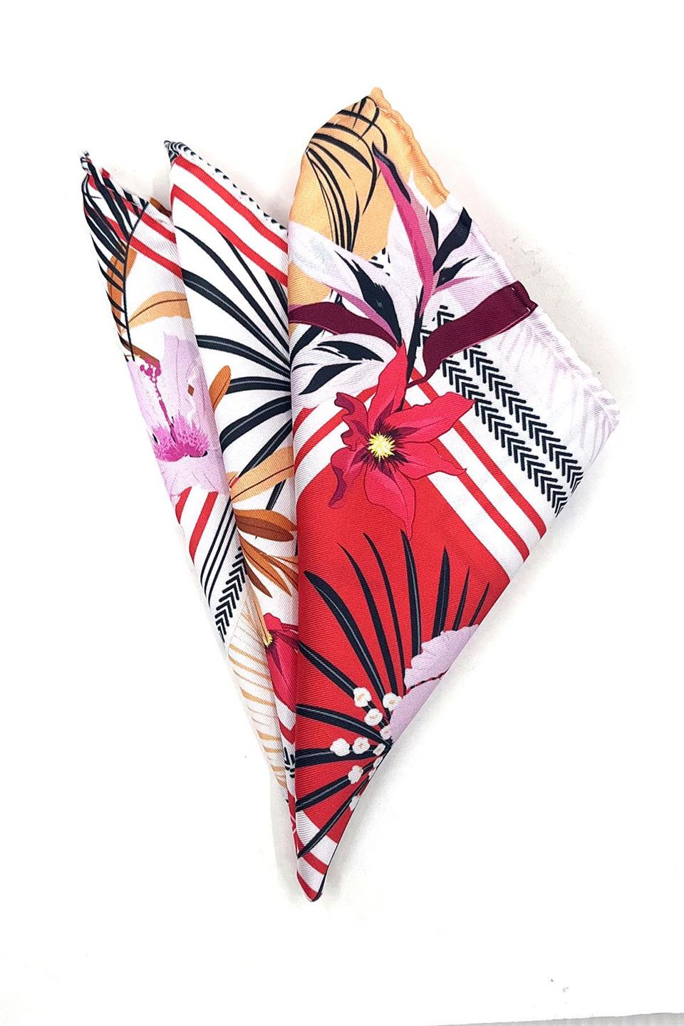 Kırmızı - Beyaz Kare Çiçek Desen Erkek Cep Mendili SPS557-45