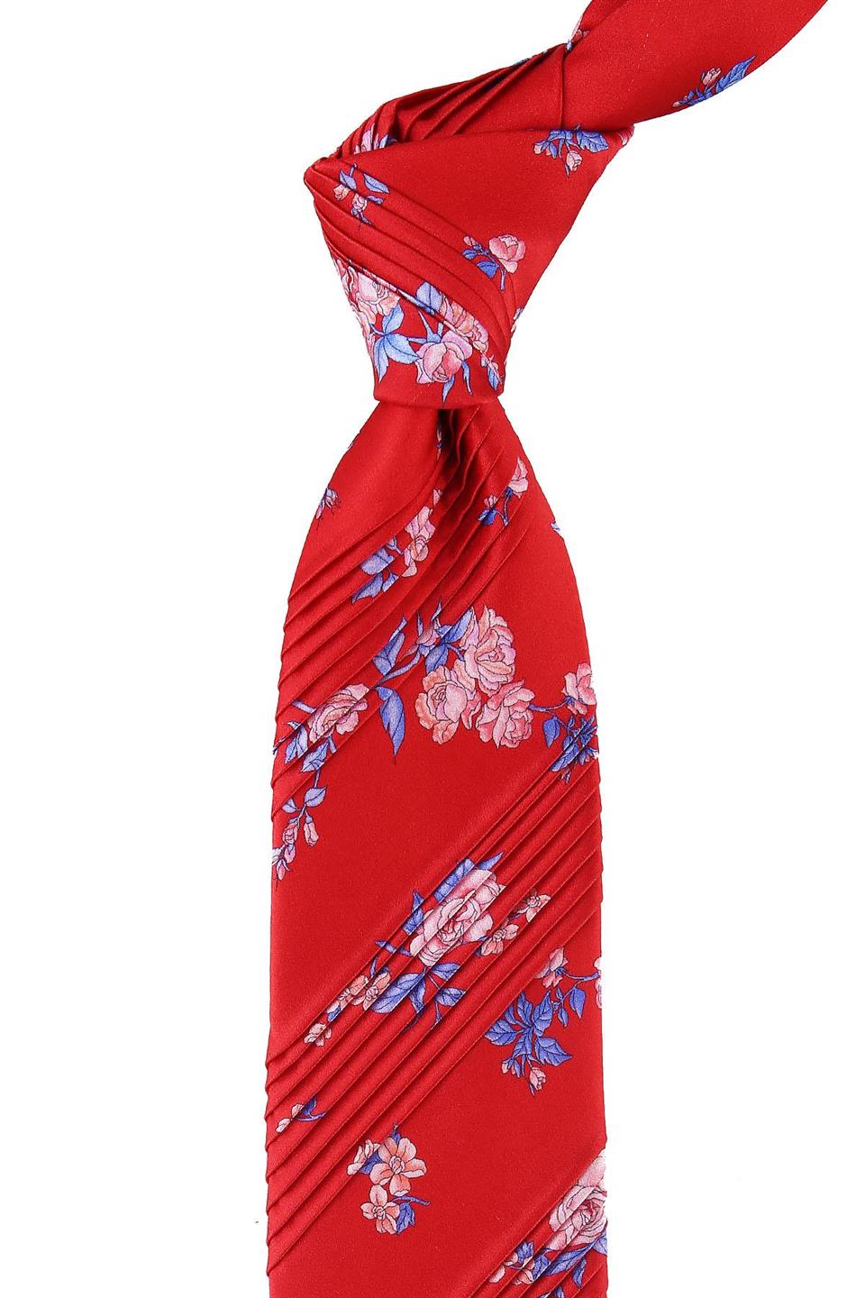 Kırmızı Çiçek Desen Piliseli İpek Kravat EST143