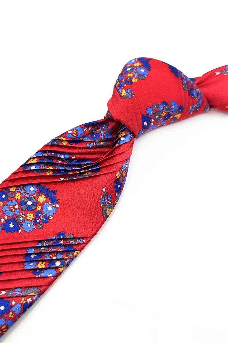 Kırmızı Çiçek Desen Piliseli İtalyan İpek Kravat EST203