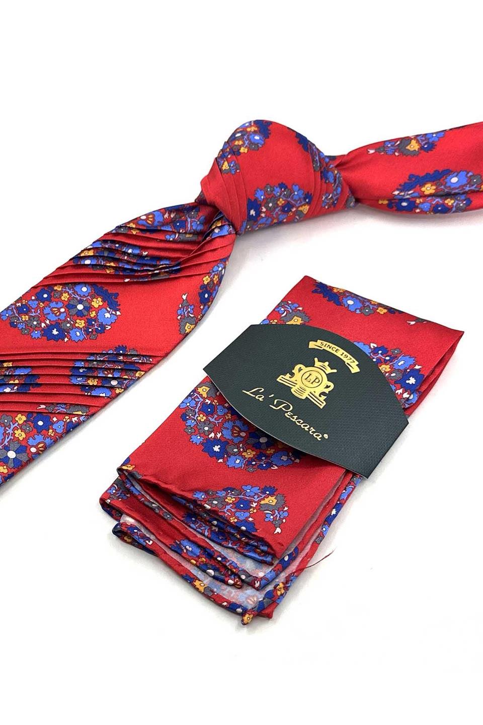 Kırmızı Çiçek Desen Piliseli İtalyan İpek Kravat EST203