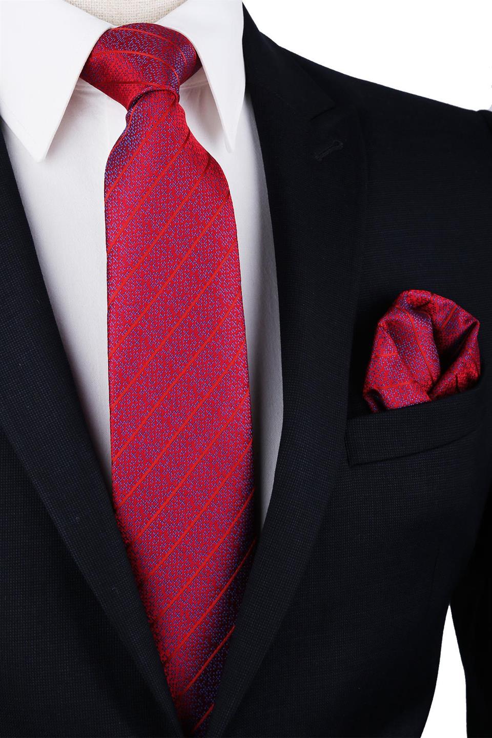 Kırmızı Çizgi Desen Mendilli Klasik Kravat KK9936