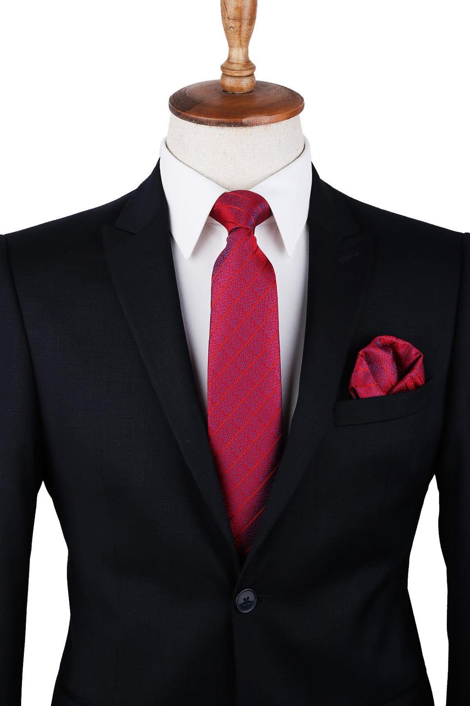 Kırmızı Çizgi Desen Mendilli Klasik Kravat KK9936