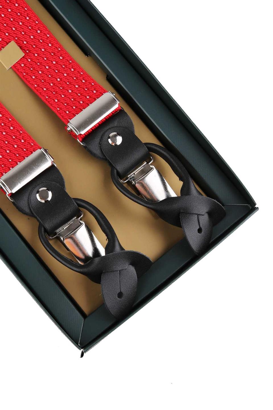 Kırmızı Deri Bağlantılı Düğme Delikli Jakarlı Pantolon Askısı PAN148