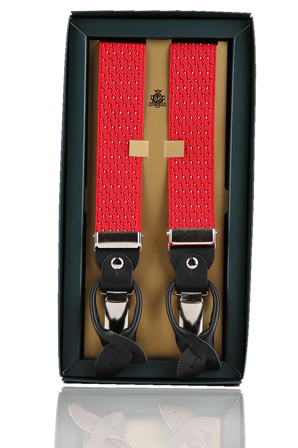 Kırmızı Deri Bağlantılı Düğme Delikli Jakarlı Pantolon Askısı PAN148