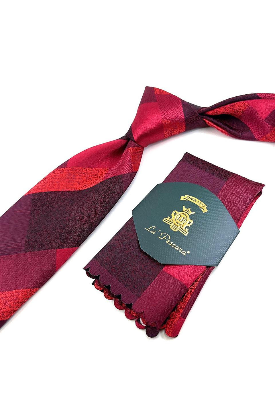 Kırmızı Ekose Desen Mendilli Klasik Kravat KK11122
