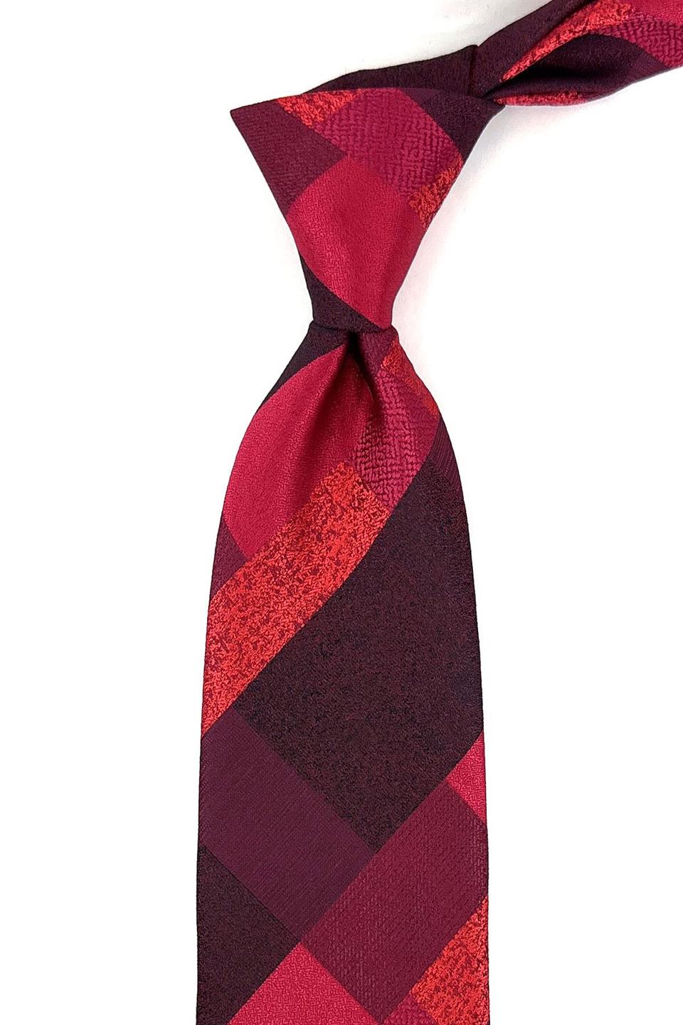 Kırmızı Ekose Desen Mendilli Klasik Kravat KK11122