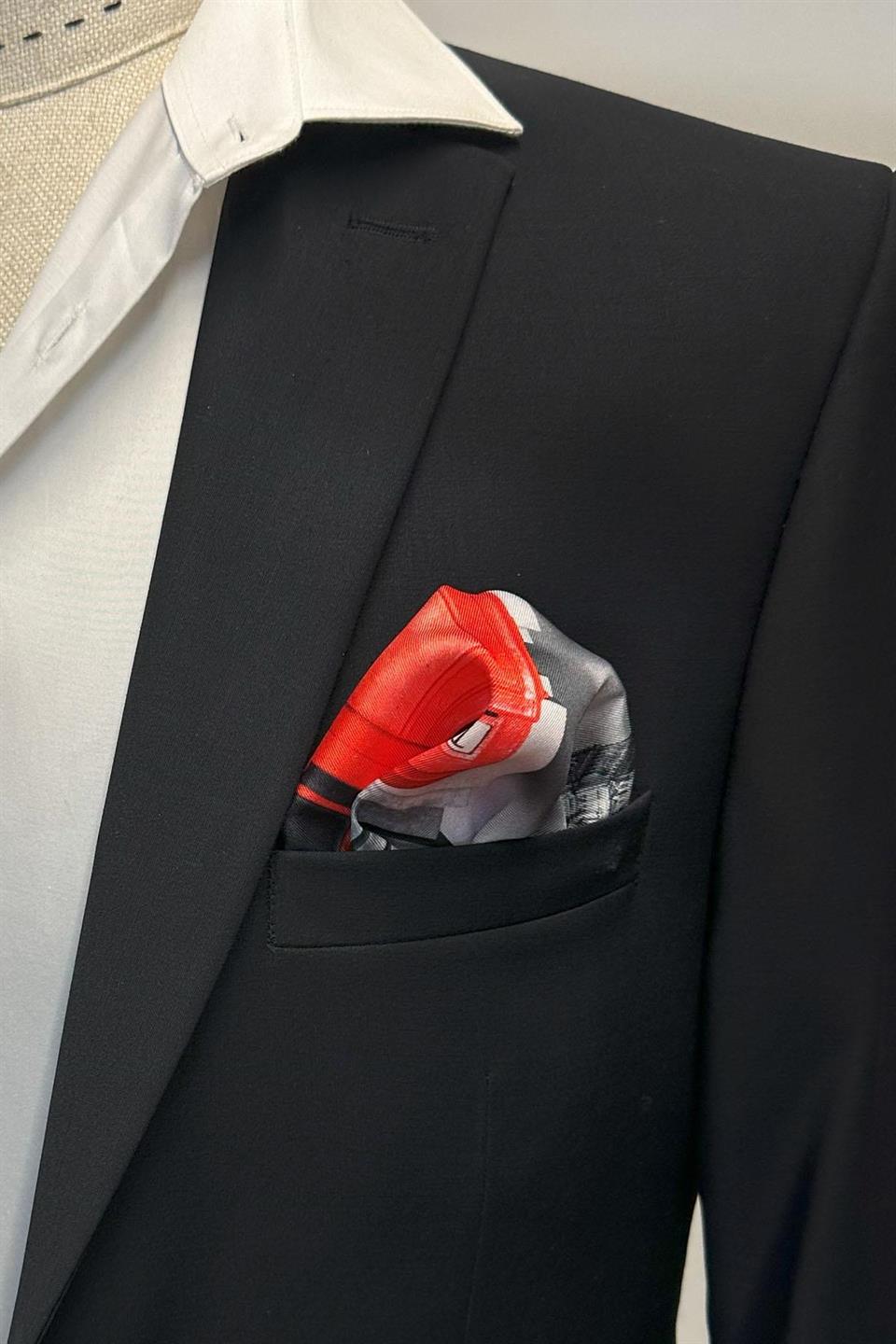 Kırmızı - Füme Telefon Kulübesi Motif Erkek Cep Mendili SPS615-96