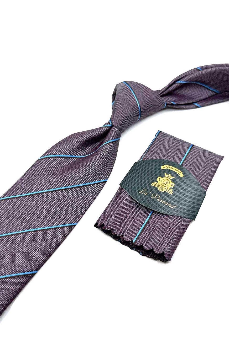 Kırmızı - Gri Çizgi Desen Mendilli Klasik Kravat KK12637