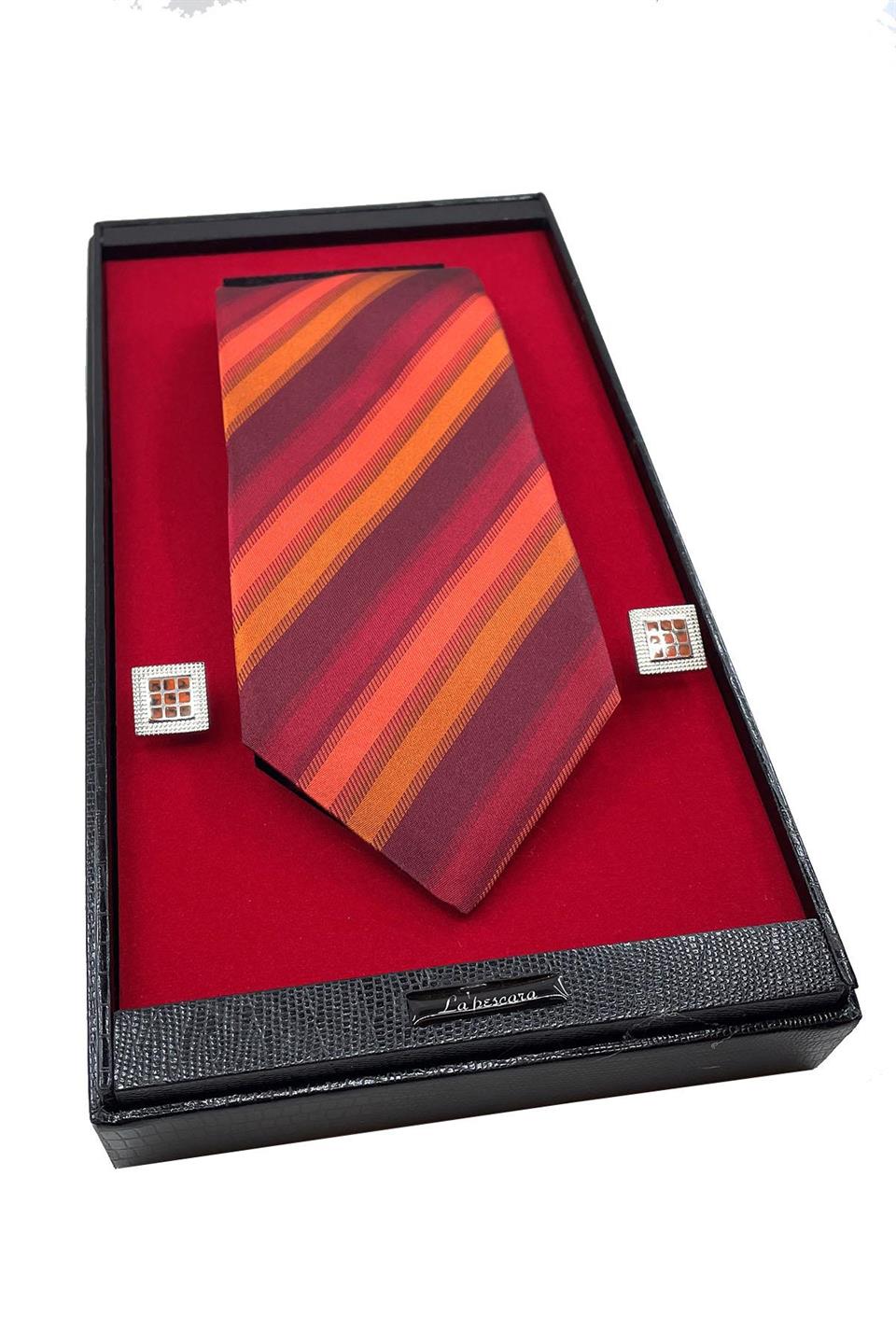 Kırmızı İtalyan İpek Kravat Çelik Kol Düğmesi Erkek Hediye Seti SKS22