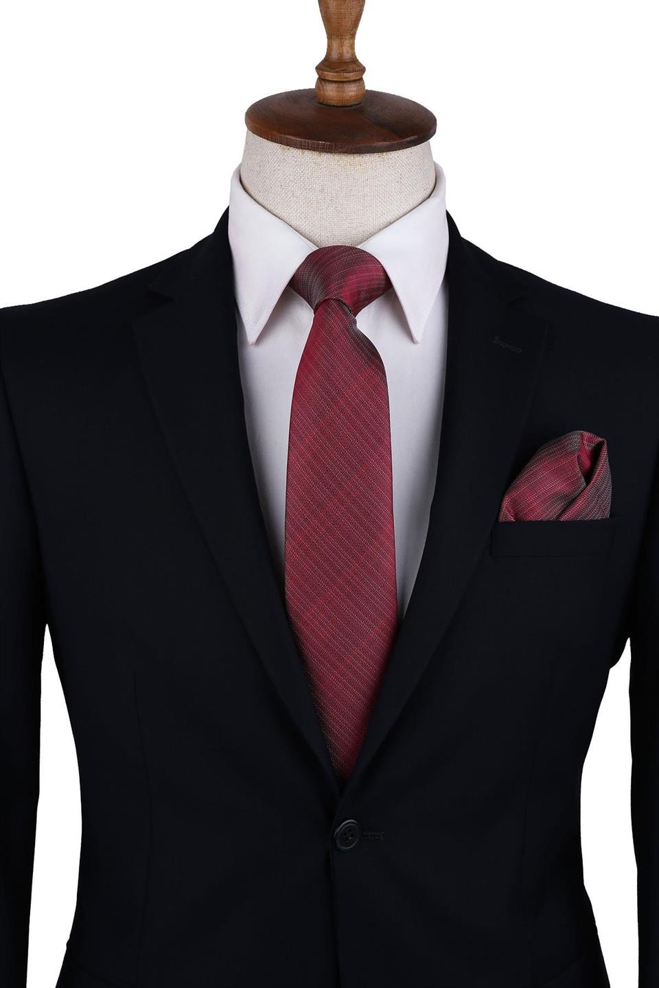 Kırmızı Kendinden Desen Mendilli Klasik Kravat KK10322