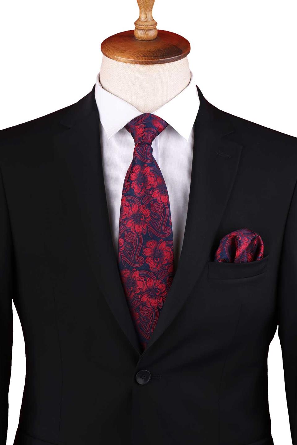 Kırmızı - Lacivert Çiçek Desen Mendilli Klasik Kravat KK12946