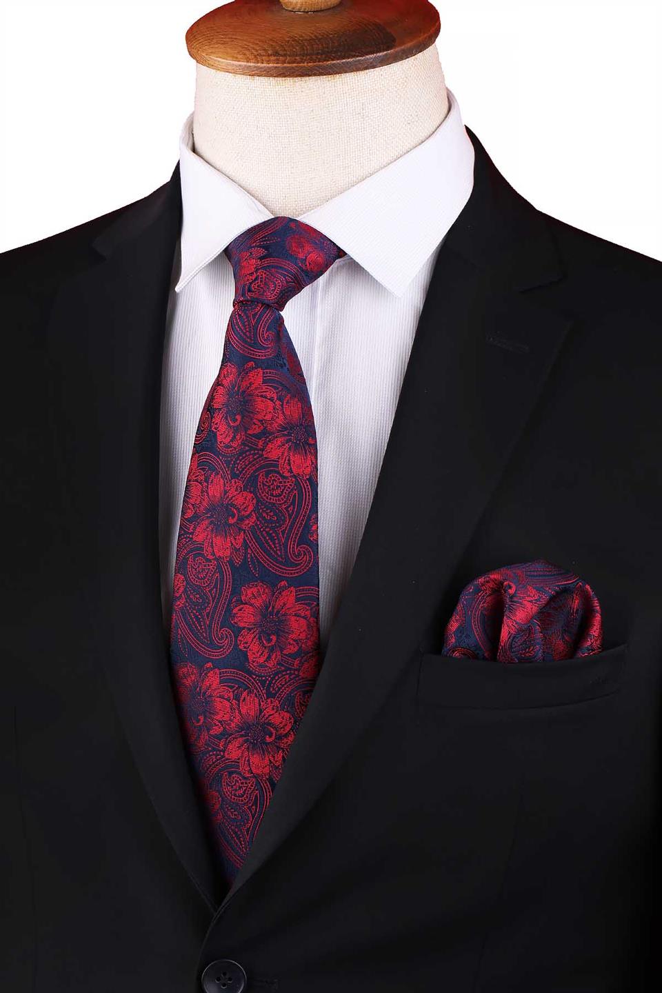 Kırmızı - Lacivert Çiçek Desen Mendilli Klasik Kravat KK12946