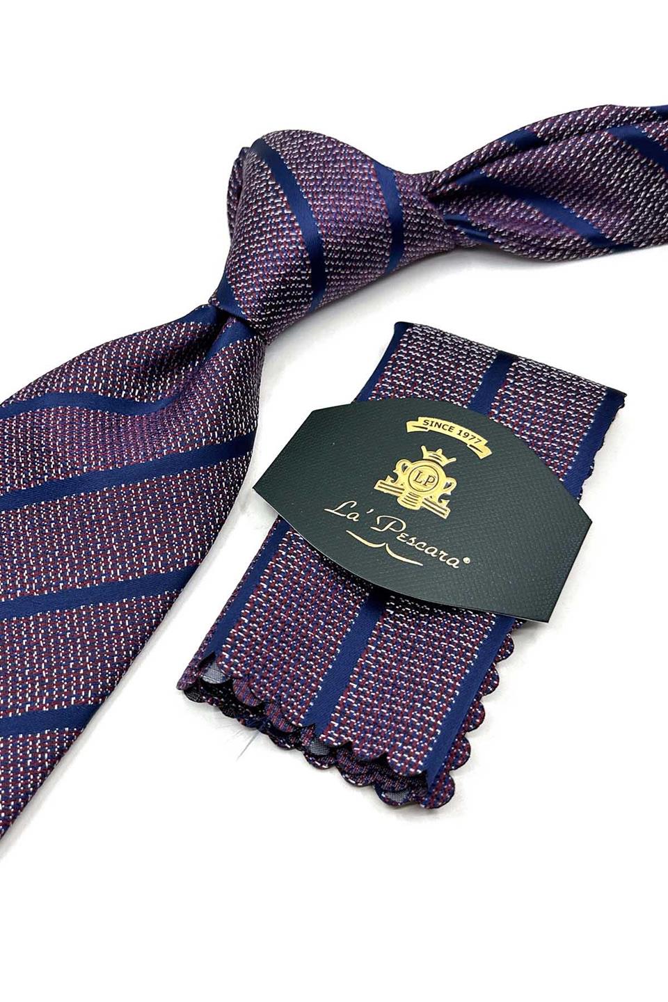 Kırmızı - Lacivert Çizgi Desen Mendilli Klasik Kravat KK13500