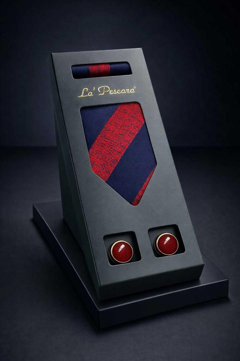 Kırmızı - Lacivert Mendilli Klasik Kravat Kol Düğmesi Erkek Hediye Seti OS597