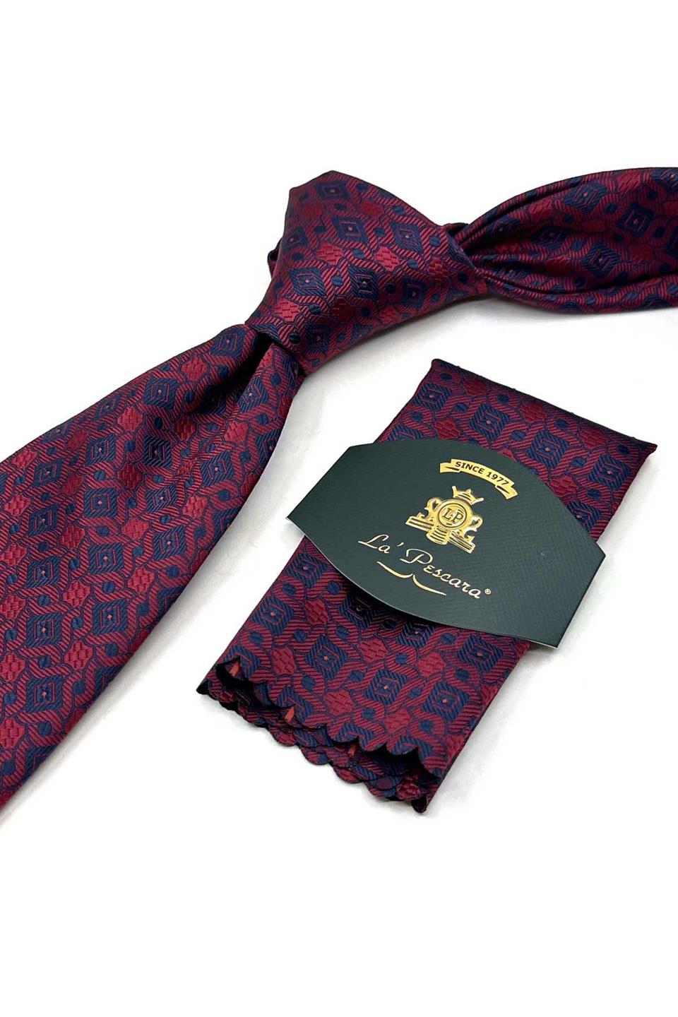 Kırmızı - Lacivert Motif Desen Mendilli Klasik Kravat KK13440