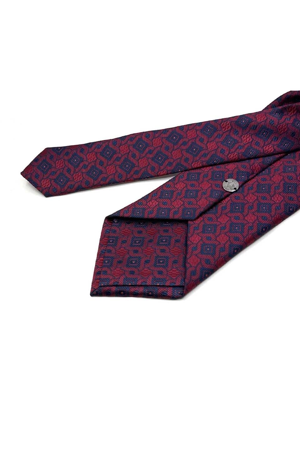 Kırmızı - Lacivert Motif Desen Mendilli Klasik Kravat KK13440
