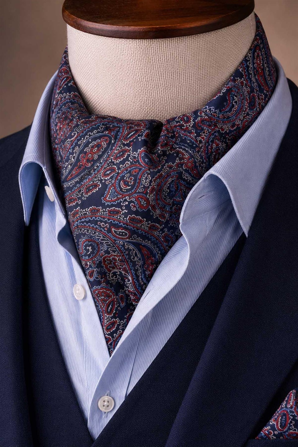 Kırmızı Lacivert Şal Desen İtalyan İpek Ascot Kravat SAC67