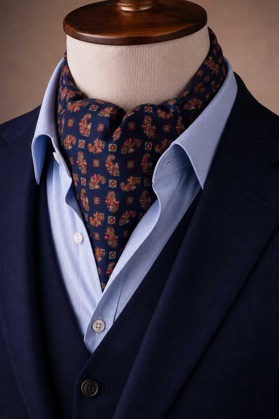Kırmızı Lacivert Şal Desen İtalyan İpek Ascot Kravat SAC68