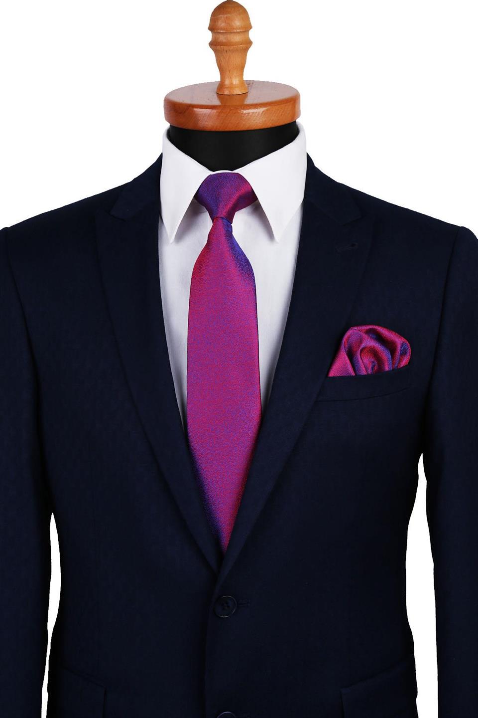 Kırmızı - Mavi Kum Desen Mendilli Klasik Kravat KK9742