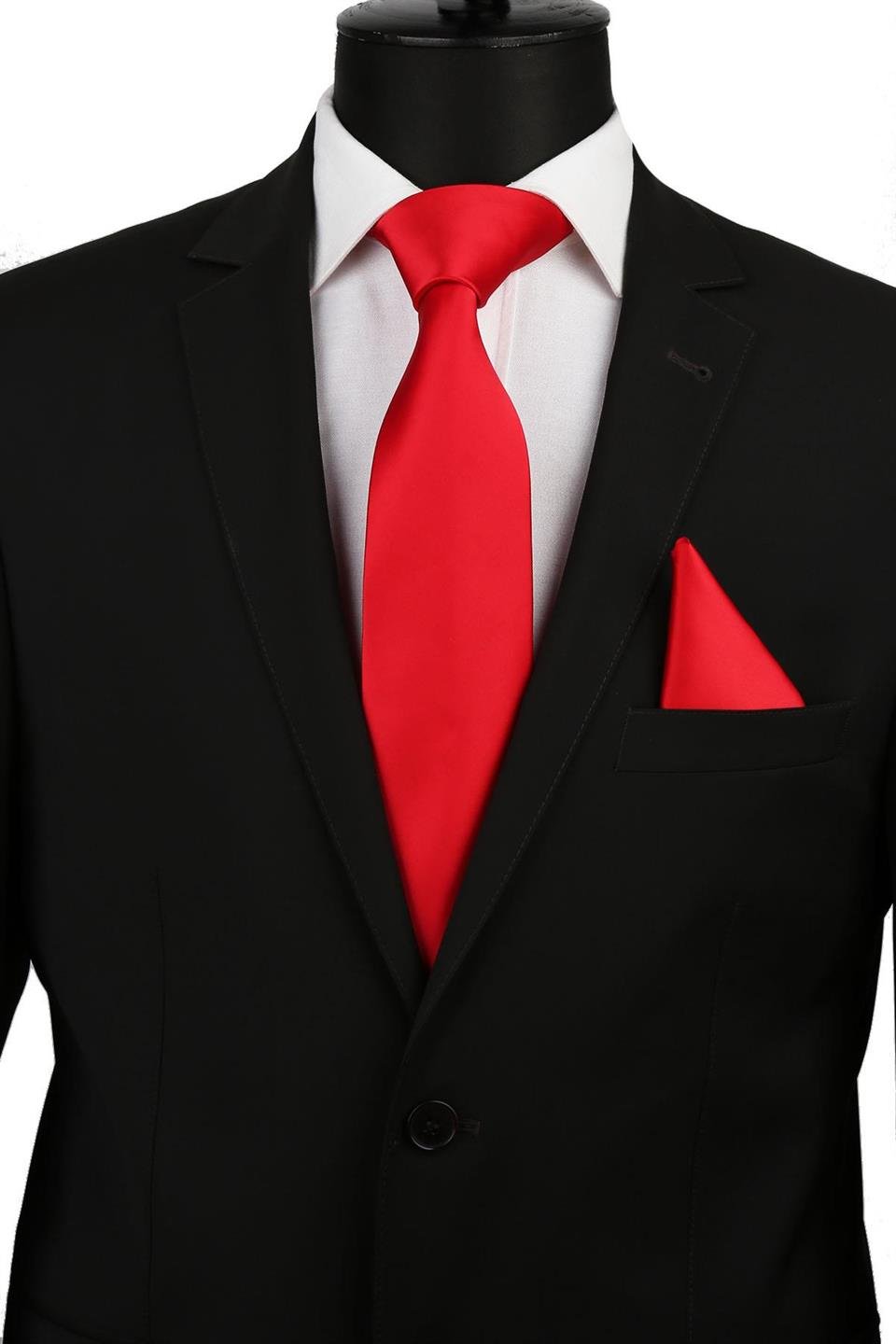 Kırmızı Mendilli Düz Saten Kravat 1114