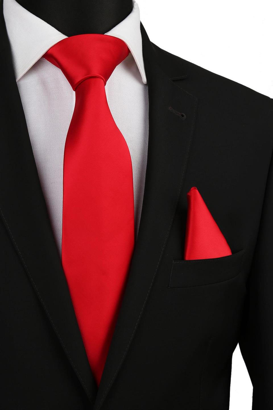 Kırmızı Mendilli Düz Saten Kravat 1114