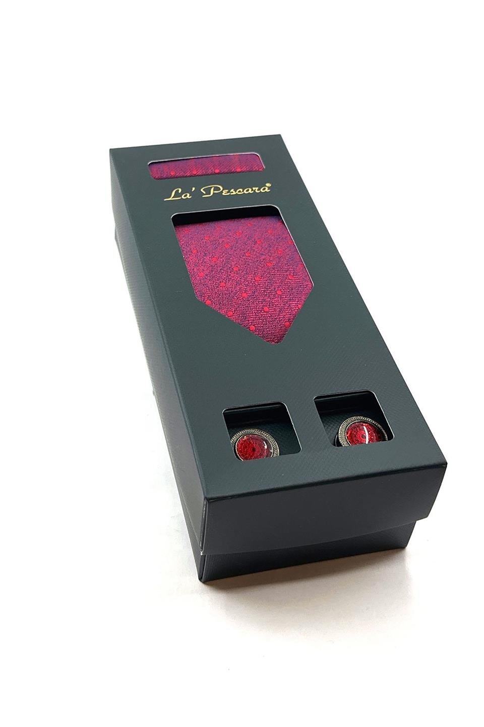 Kırmızı Mendilli Kravat Kırmızı Kol Düğmesi Hediye Seti OS535