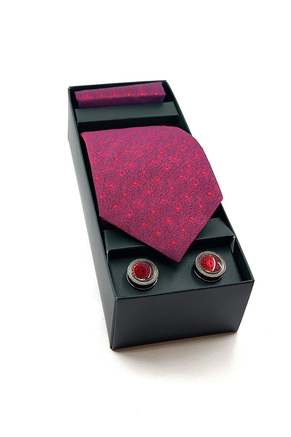 Kırmızı Mendilli Kravat Kırmızı Kol Düğmesi Hediye Seti OS535