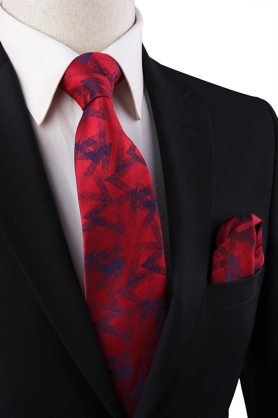 Kırmızı Motif Desen Mendilli Klasik Kravat KK10834