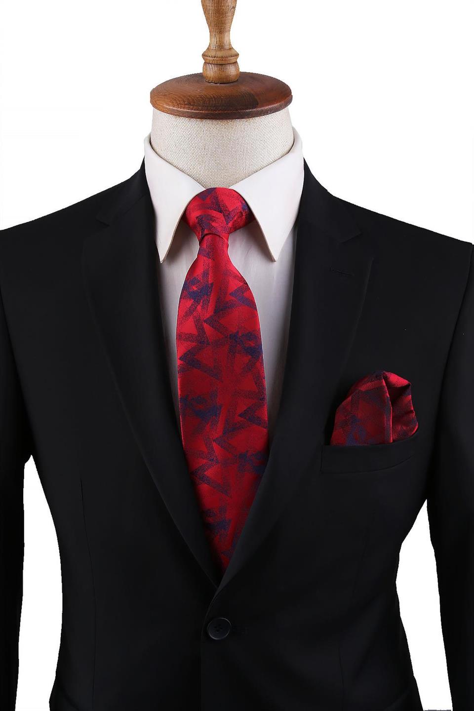 Kırmızı Motif Desen Mendilli Klasik Kravat KK10834