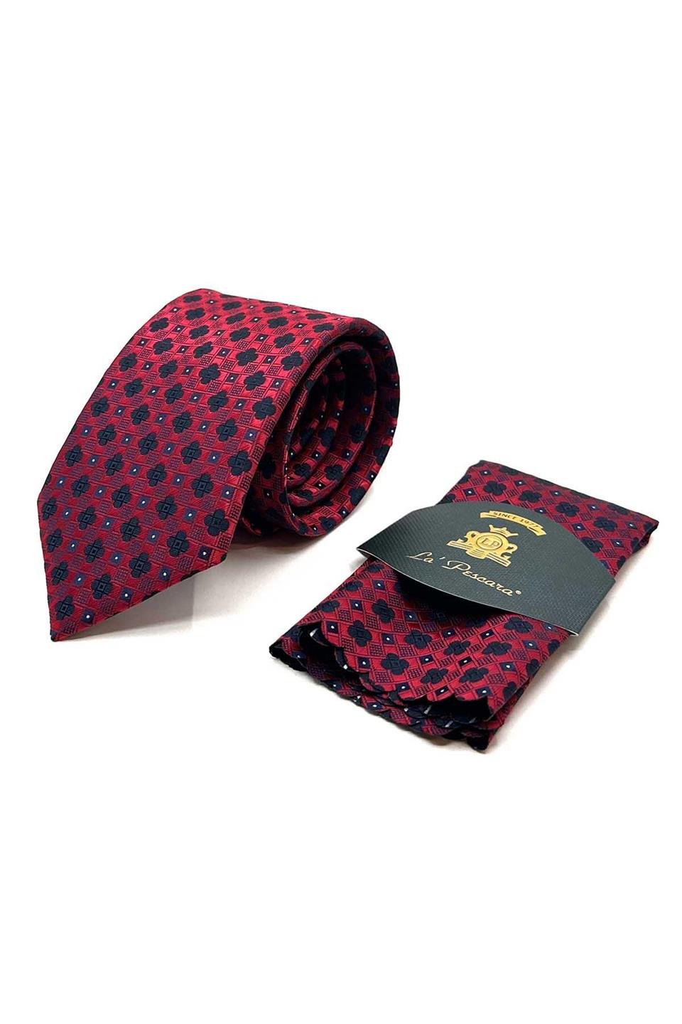 Kırmızı Motif Desen Mendilli Klasik Kravat KK13040